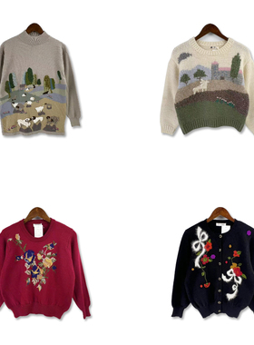 古着vintage手工编织森系手钩花立体童趣浮花绣花甜美羊毛毛衣M11