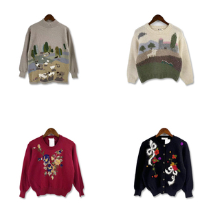 古着vintage手工编织森系手钩花立体童趣浮花绣花甜美羊毛毛衣M11