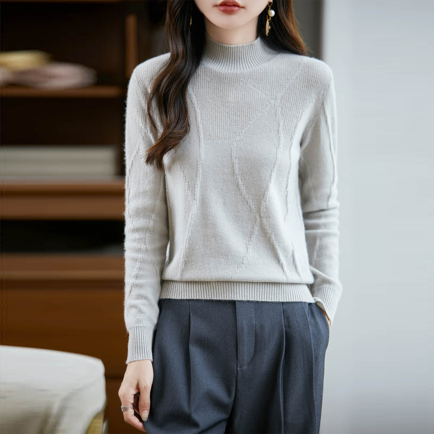 女士100纯羊毛衫半高领扭花套头宽松显瘦高级感针织打底毛衣通勤,女装/女士精品,毛针织衫,淘宝优惠券,粉丝福利购,淘宝优惠卷