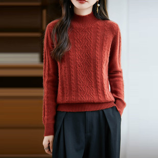 纯羊毛扭花针织衫新年红女半高领加厚保暖套头宽松打底毛衣休闲