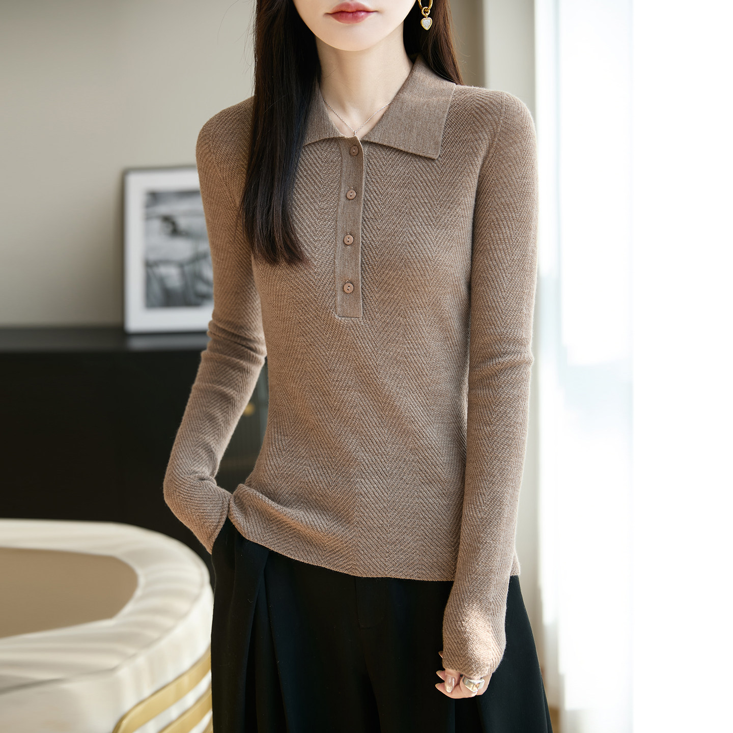 POLO领100纯羊毛衫女鱼骨纹修身新款翻领套头针织毛衣通勤扬子纱