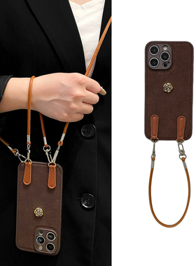 秋冬咖色山茶花适用小米16Pro手机壳15手提绳k80可背带k70斜挎k60挂绳14高级13月坑纹红米note15/12小众11软