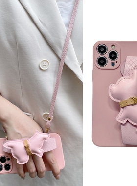 高级感粉色斗牛犬手腕带适用小米14pro手机壳13可背带k70斜挎k60挂绳k50气质12/11红米note13简约10软套k40女