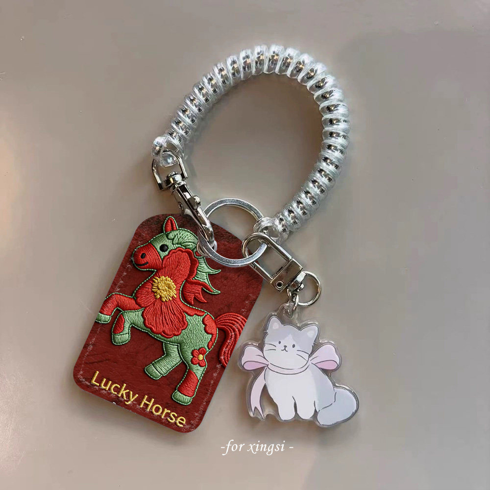 红色幸运花朵骏马仿刺绣门禁小卡nfc感应卡保护套可爱卡通挂件包