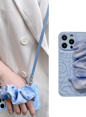 气质蓝色山茶花晕染丝巾腕带适用华为nova12Pro手机壳11可背带10斜挎9挂绳荣耀200/100高级90小众80/70软套60