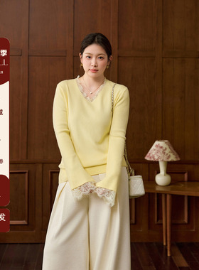 潘不卷大码女装黄色蕾丝拼接v领打底针织衫微胖mm冬内搭毛衣上衣