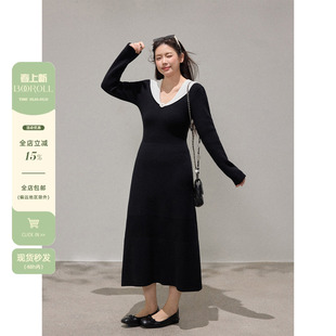 潘不卷大码女装胖mm法式黑色拼接针织连衣裙冬季长袖收腰长裙裙子