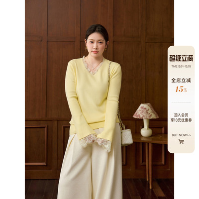 潘不卷大码女装蕾丝拼接v领打底针织衫微胖mm秋冬内搭毛衣上衣