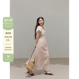 连衣裙女秋短袖 潘不卷大码 v领提花泡泡袖 微胖mm法式 显瘦裙子 女装