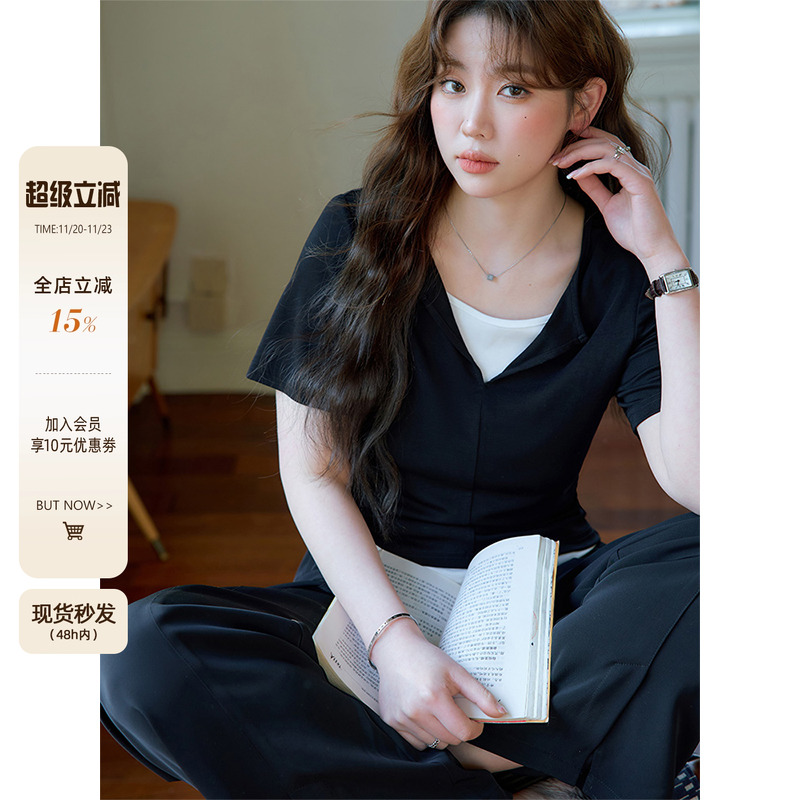 设计感黑白撞色拼接假两件上衣