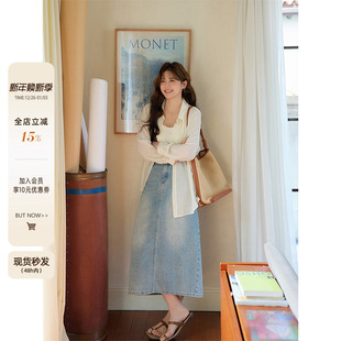 气质长裙浅蓝色高腰遮胯显瘦牛仔半身裙 微胖mm夏季 潘不卷大码 女装