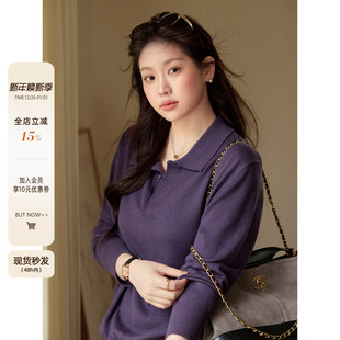 秋冬老钱风宽松毛衣慵懒长袖 紫色翻领针织衫 上衣 女装 潘不卷大码