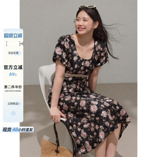 女装 潘不卷大码 微胖mm方领碎花绝美连衣裙夏巨遮肉显瘦长裙高级感