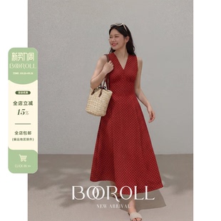 海边度假红色波点挂脖连吊带连衣裙夏长裙胖mm 法式 潘不卷大码 女装