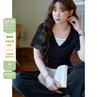 宽松上衣新款 潘不卷大码 t恤夏季 韩系黑色假两件显瘦短袖 胖mm 女装