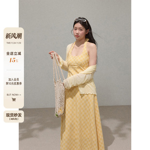黄色海边度假吊带连衣裙夏收腰长裙裙子 微胖mm法式 潘不卷大码 女装