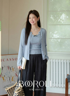 潘不卷[2/24-2/26新品一件85折满2件75折]蓝色毛针织开衫两件套春