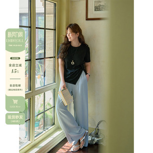 潘不卷大码女装微胖mm简约气质修身百搭不规则上衣黑色显瘦T恤女