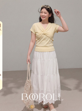 潘不卷[3/30-4/2新品一件85折满2件75折]黄色V领扭结修身短袖T恤