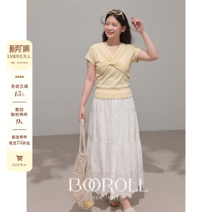 2新品 一件85折满2件75折 潘不卷 短袖 黄色V领扭结修身 T恤