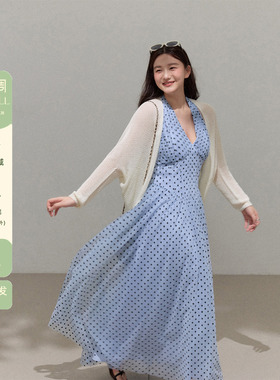 潘不卷大码女装微胖法式蓝色波点海边度假挂脖吊带连衣裙长裙春季
