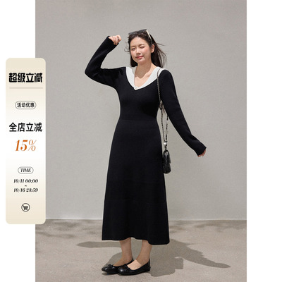 潘不卷大码女装胖mm法式假两件v领针织连衣裙秋冬收腰显瘦包臀裙