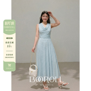 潘不卷大码女装蓝色条纹挂脖连衣裙春夏荡领度假长裙无袖裙子胖mm