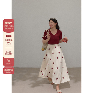 潘不卷大码女装微胖mm法式假两件v领红色波点连衣裙女秋短袖长裙