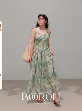 潘不卷[3/30-4/1新品一件85折满2件75折]绿色V领吊带连衣裙开衫春