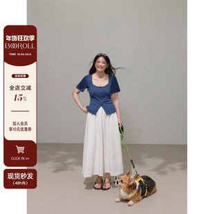 潘不卷大码女装微胖mm法式蓝色方领针织短袖t恤女夏正肩掐腰上衣