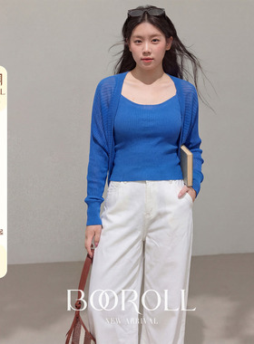 潘不卷[3/30-4/1新品一件85折满2件75折]蓝色短款针织开衫吊带春