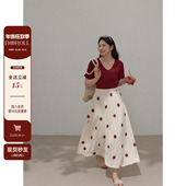 潘不卷大码 长裙 假两件v领红色波点连衣裙女秋短袖 女装 微胖mm法式