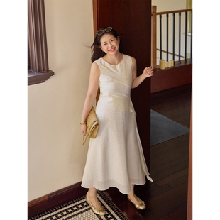 潘不卷大码女装微胖mm法式海边度假无袖背心连衣裙夏季收腰长裙子
