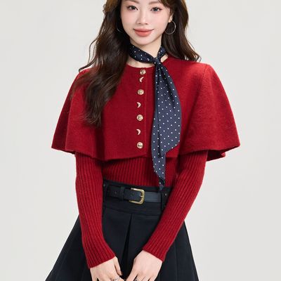 本命年斗篷红色毛衣女秋冬爆款内搭针织打底衫伴娘新婚穿搭上衣潮