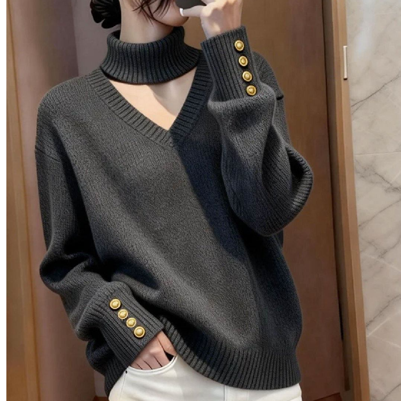 韩系穿搭灰色镂空v领挂脖毛衣女秋冬季宽松慵懒风内搭打底针织衫,女装/女士精品,毛衣,淘宝优惠券,粉丝福利购,淘宝优惠卷