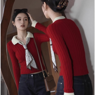 韩版甜辣妹红色麻花毛衣针织打底衫女内搭秋冬季修身显瘦长袖上衣