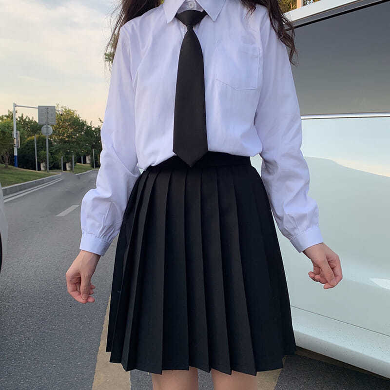 黑色百褶裙女高腰正统JK制服裙半身裙纯色学生短裙上衣春夏秋套装