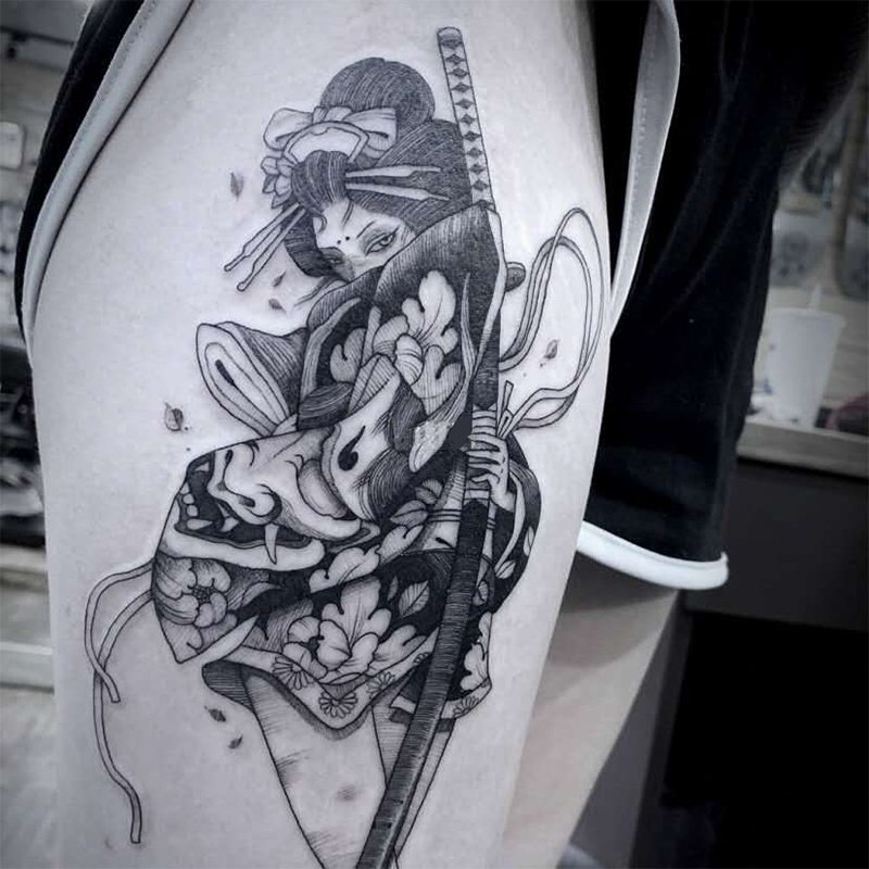 【一份2张】日式纹身贴浮世绘艺妓少女纹身贴 日式软妹花腿腿上