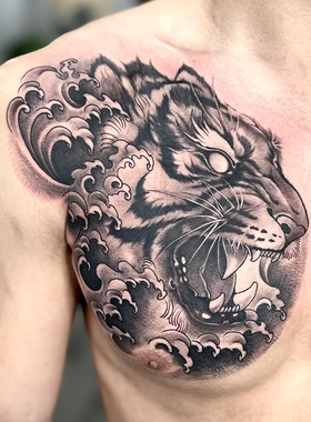 老虎胸口纹身贴草本半永久防水