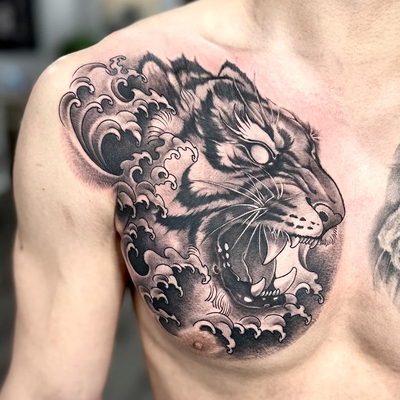 老虎胸口纹身贴草本半永久防水