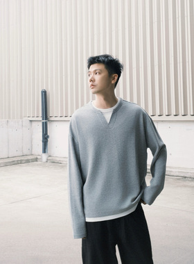 shortfuse春秋重磅假两件叠穿华夫格宽松简约长袖T恤男