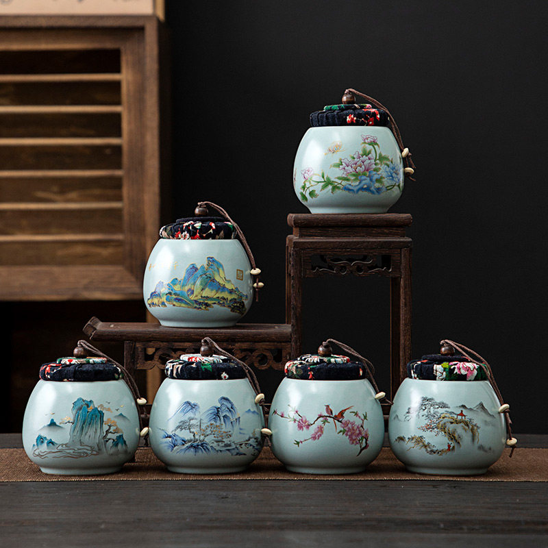 新中式汝瓷茶叶罐高档复古陶瓷茶叶密封存储罐古典山水花鸟收纳罐,餐饮具,茶叶罐,淘宝优惠券,粉丝福利购,淘宝优惠卷