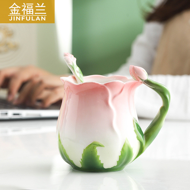 釉下珐琅彩玫瑰精致陶瓷马克杯