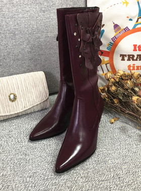 vintage秋冬优雅紫色真p高筒尖头保暖加绒时装靴子晚晚风古着鞋