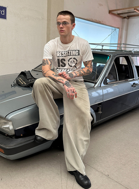 DTHEREAL 24FW 泥染割破磨破做旧做脏贴布人字纹料休闲宽松长裤男