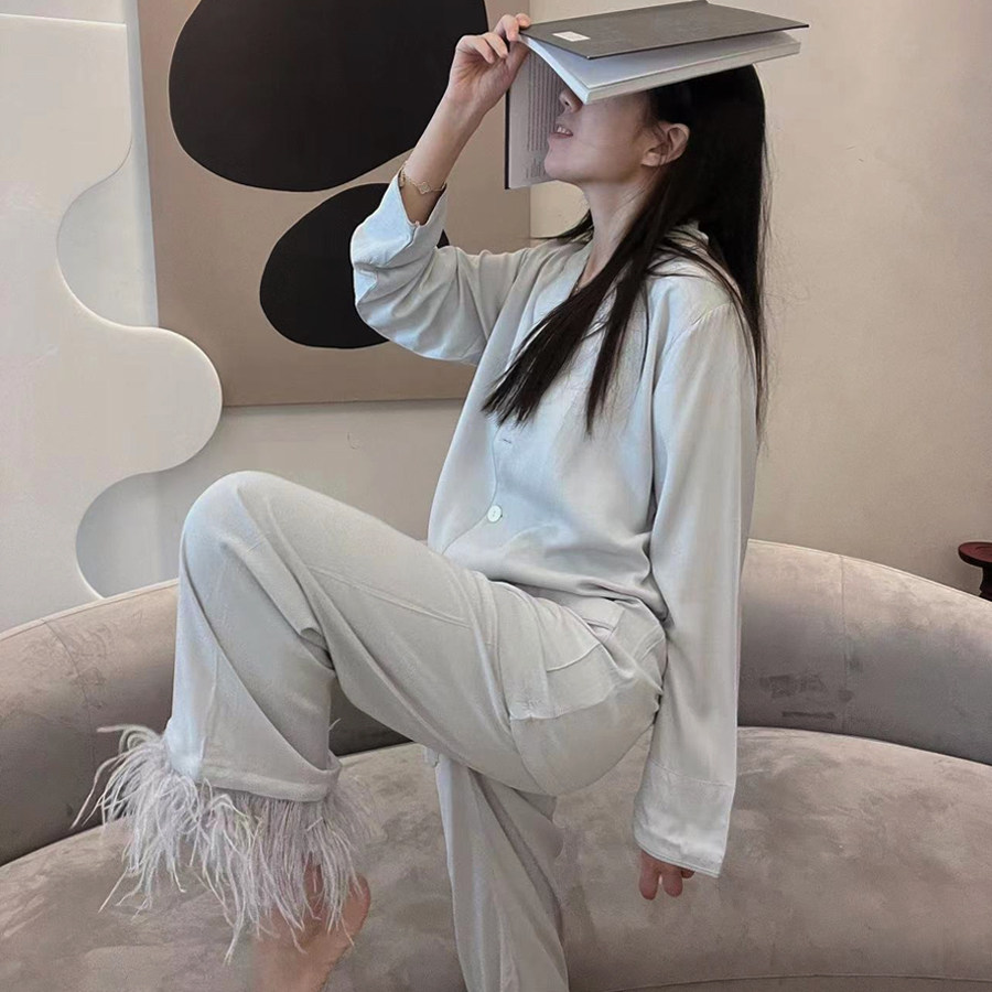 羽毛睡衣女士棉绸家居服套装