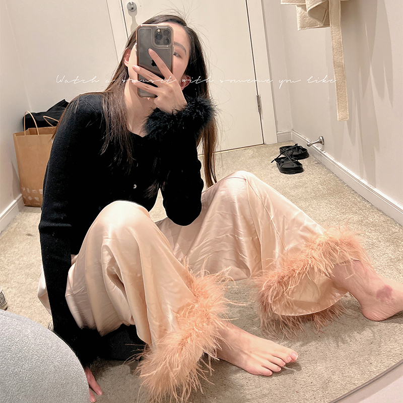 春秋驼鸟毛针织羽毛睡衣套装女宽松高级感可外出时尚家居服两件套