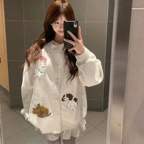 卫衣宽松休闲女开衫趣味棒球服外套BF韩系秋季潮毛巾绣卡通慵懒风