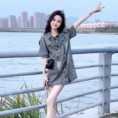 夏季设计感不对称短袖牛仔直筒裙新款小众连衣裙女小个子复古裙子