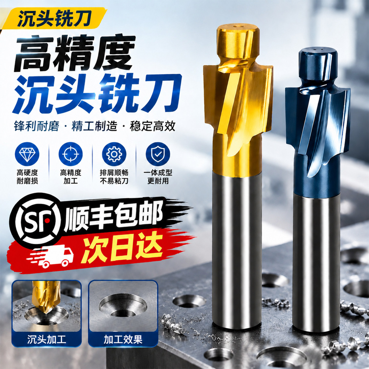 顺丰包邮沉头铣刀镀钛高速钢平底锪钻螺丝沉孔导柱头含钴直柄M8